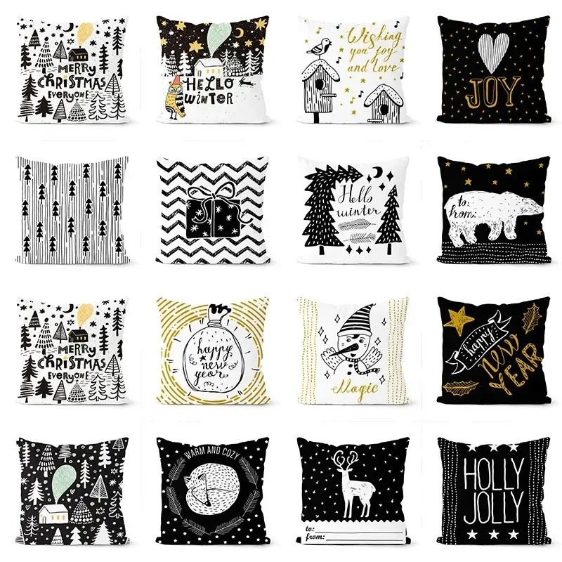 2024 Merry Christmas Cushion Cover Hot Gold Black and White Print Pillowcase Cartoon Pillow New Year Room Decoration