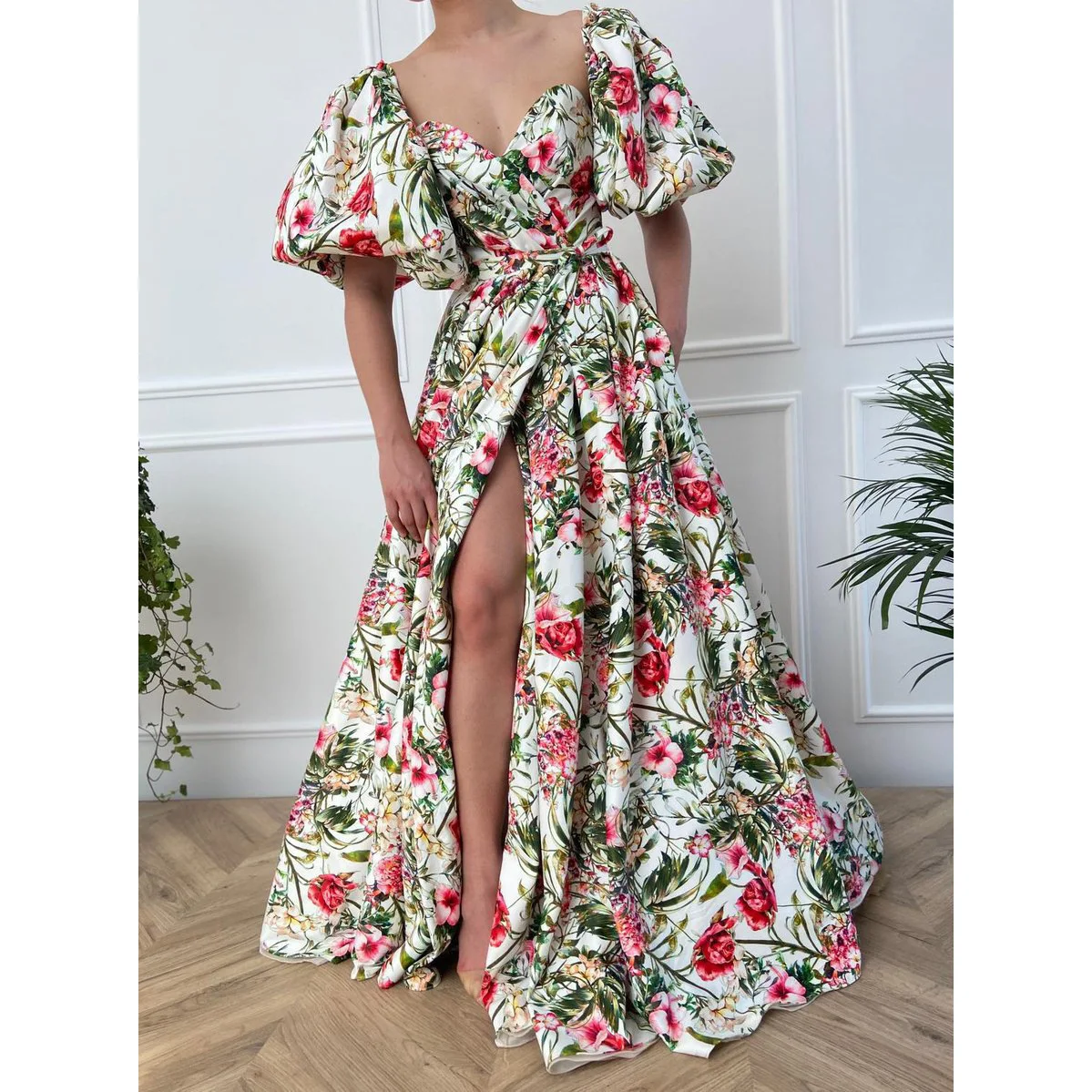 2024 V-Ne Chiffon Printed High Waist Slimming Maxi Dr Evening Gown ort Sve Commuter Sle Pleated Bubble Sve Lon...