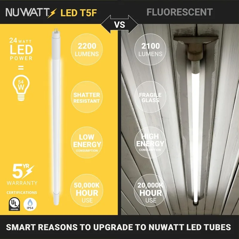 NUWATT 30 Pack، 4FT T5 LED Tube Lights Type A+B، Hybrid T5 LED Bulbs 5000K ضوء النهار، سطوع عالي 3200LM 24W، التوصيل والتشغيل