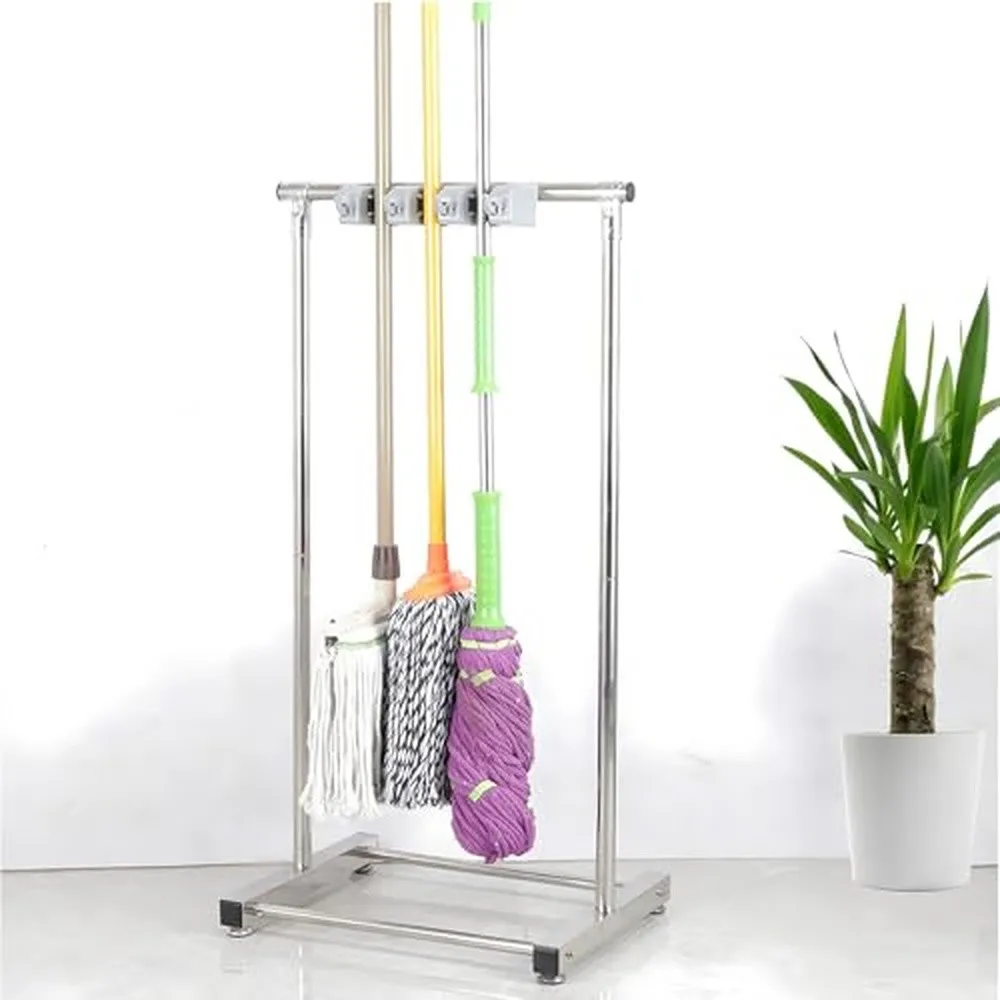 Movable Broom Mop Holder 9 Slot Floor Standing Cleaning Tool Cart & Storage Organizer for Gardens Garages Schools
