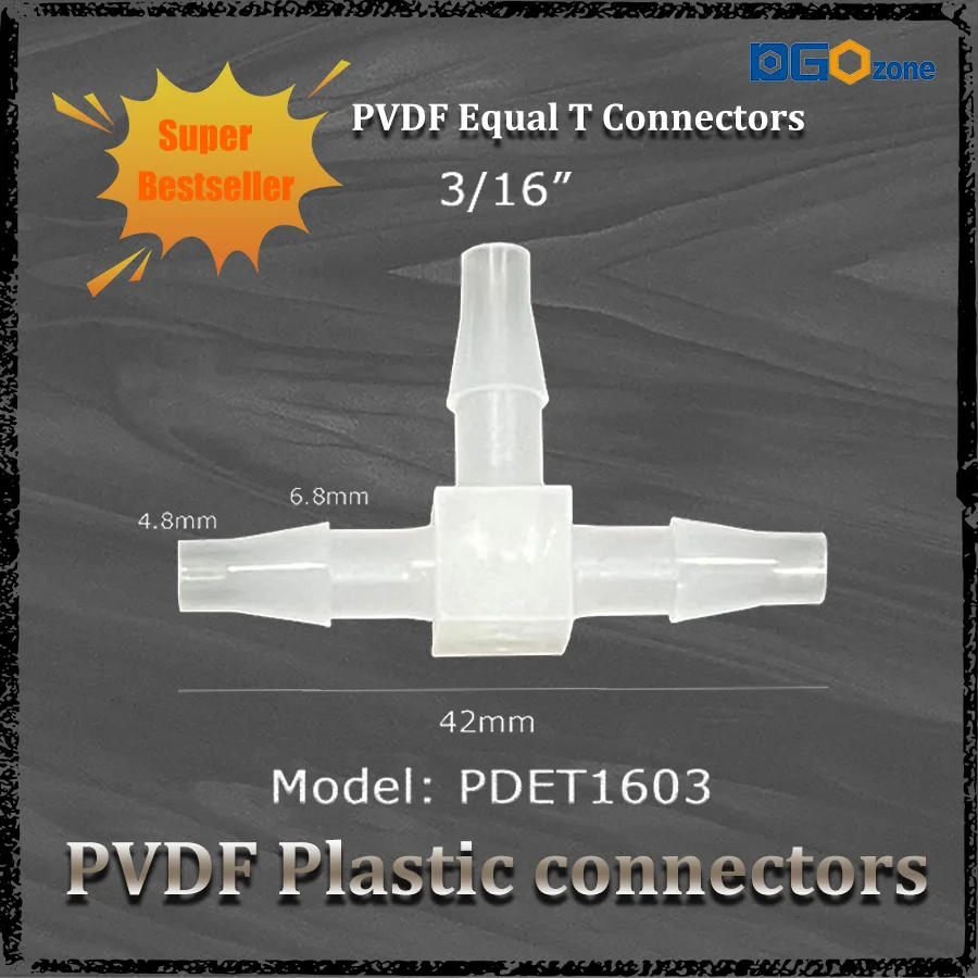 Acoplamento de junta de conector de plástico T 1/8" 3/16" 1/4" 3/8" 5/32" materiais PVDF DGOzone