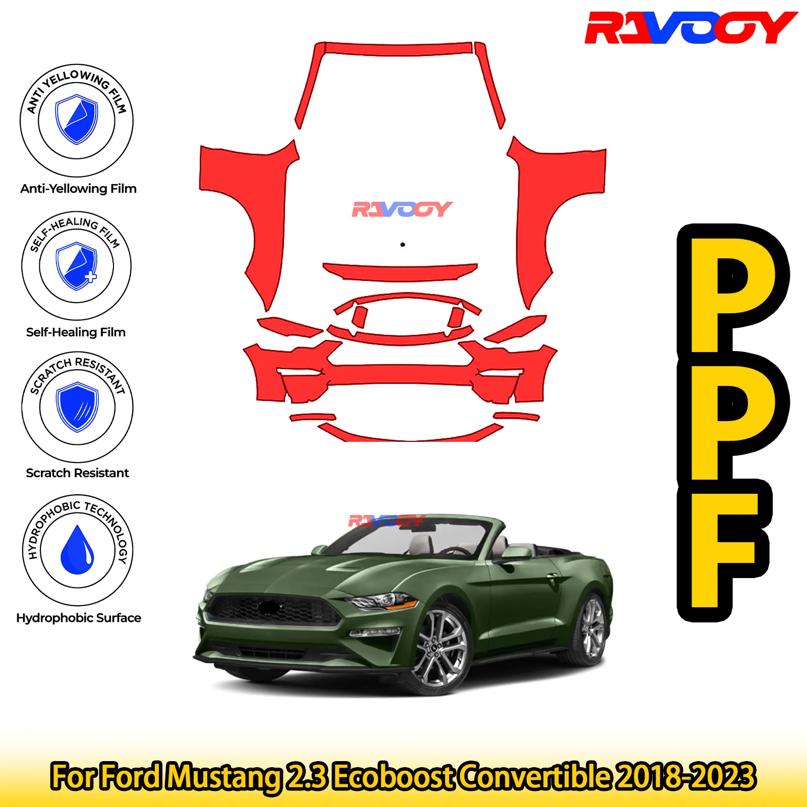 

For Ford Mustang 2.3 Ecoboost Convertible 2018-2023 Glossy Matte Black Precut front PPF Kit Paint Protection Film