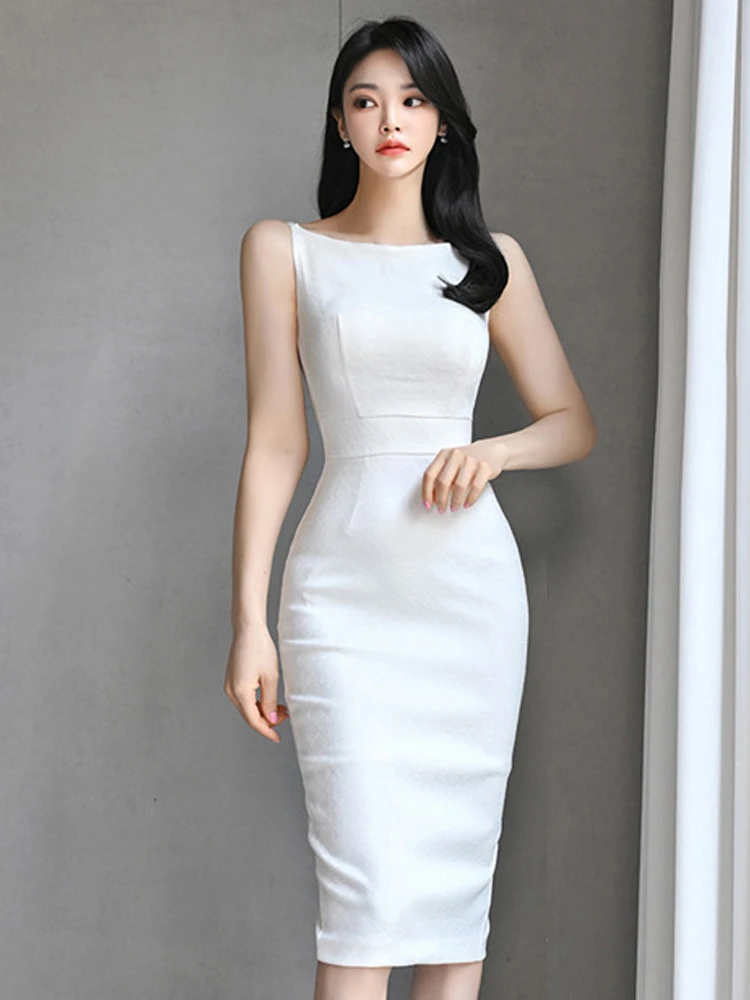Vêtements pour femmes élégant mode blanc Robe formelle dames professionnel Sexy gilet moulante Midi Robe femme fête travail robes