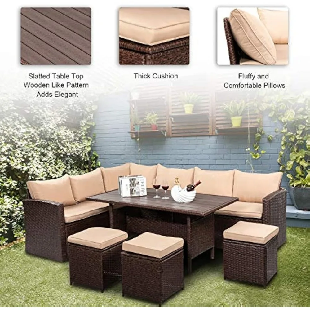 Terrace Furniture Set, 8 Pieces of Outdoor Furniture, with Dining Table and Chairs, All-weather Willow Outdoor Combination Sofa