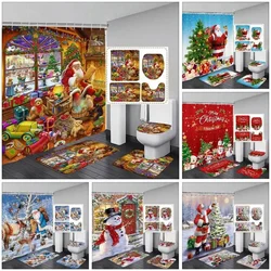 Christmas Gifts Bathroom Shower Curtain Rug Set Father Christmas Snowman Happy New Year Polyester Shower Curtains Bathroom Decor