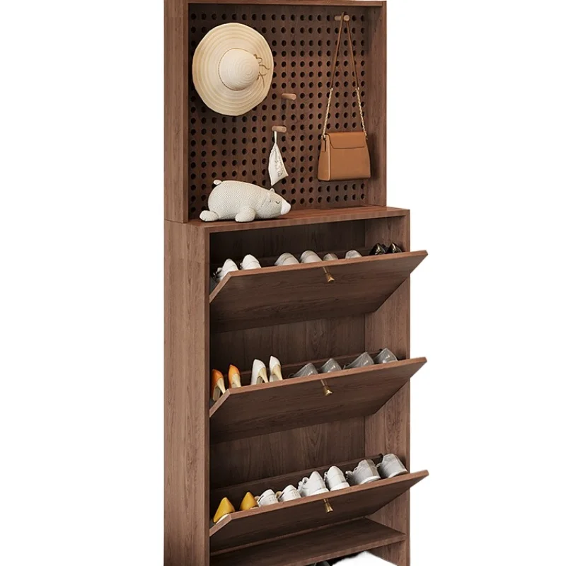 Chinese ultra-thin tipping bucket shoe cabinet, pine solid wood household storage hole board storage shoe rack