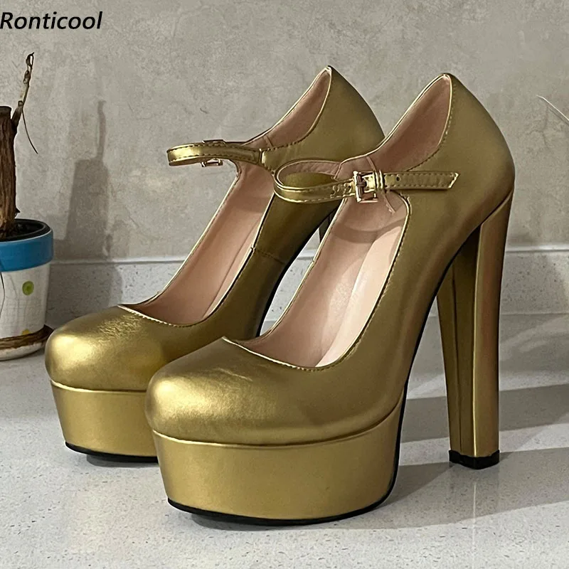 Ronticool Real Photos Women Pumps Ankle Strap Sexy Block Heels Round Toe Gorgeous Gold Party Shoes Ladies US Plus Size 5-20