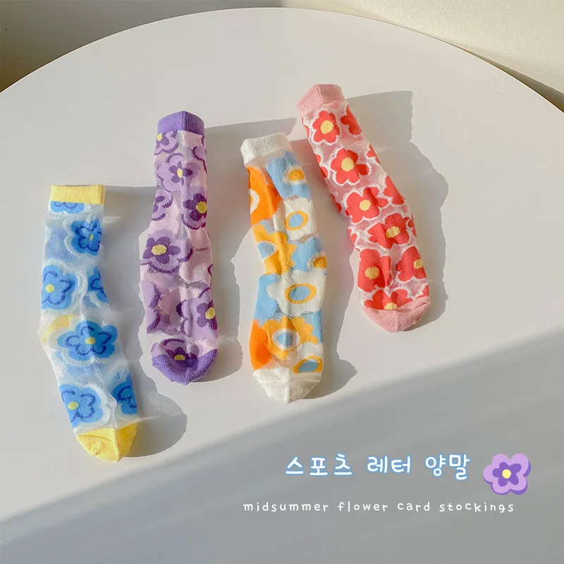 1-8 Year 4 Pairs 2022 summer color-blocking flower card crystal socks thin girls\' socks