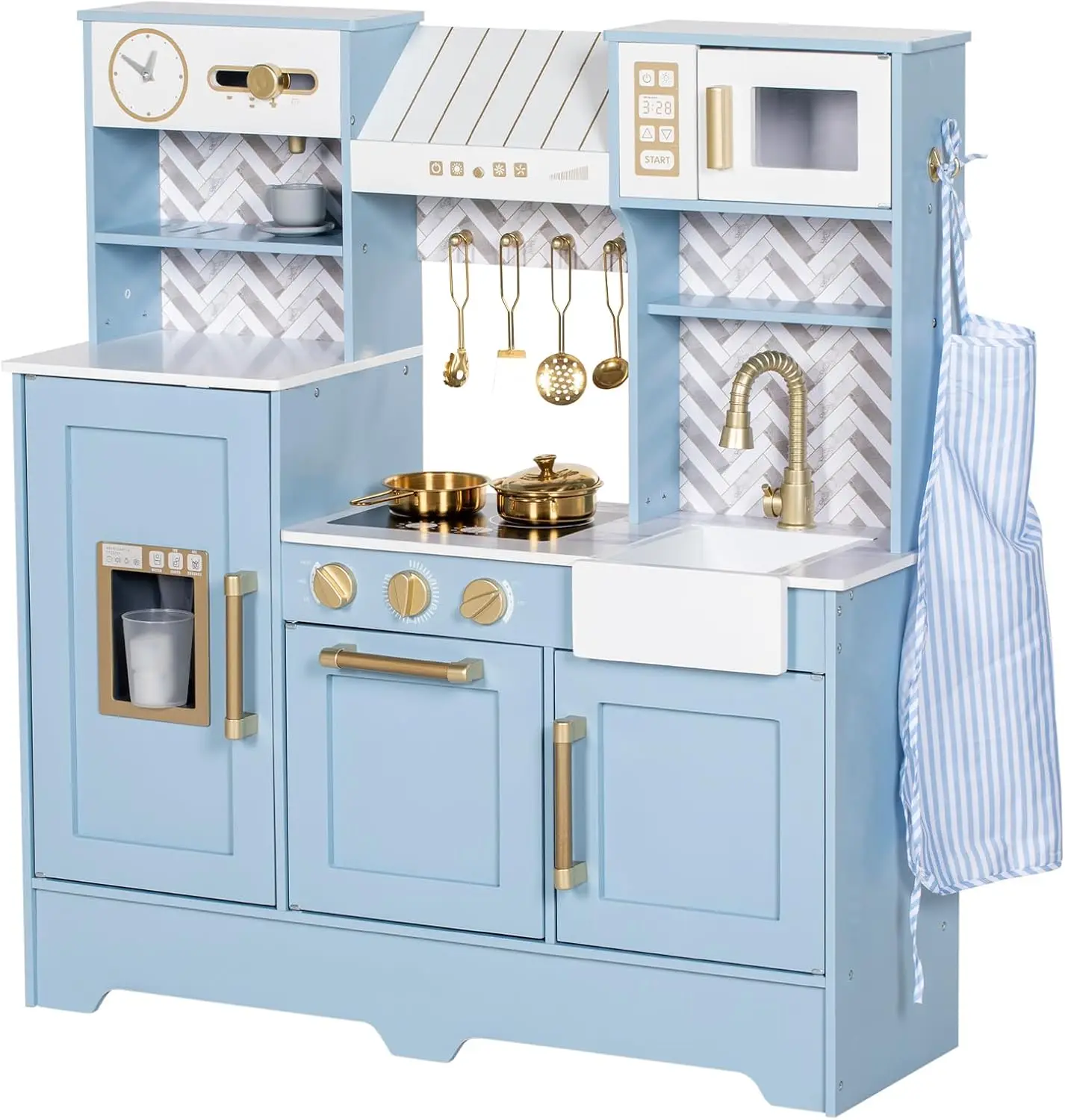 Play Kitchen For Kids, Wooden Children Kitchen Playset W/Coffee Maker, Oven, Stove, Sink, Apron, Ice Maker, Cookware, Kids Toy