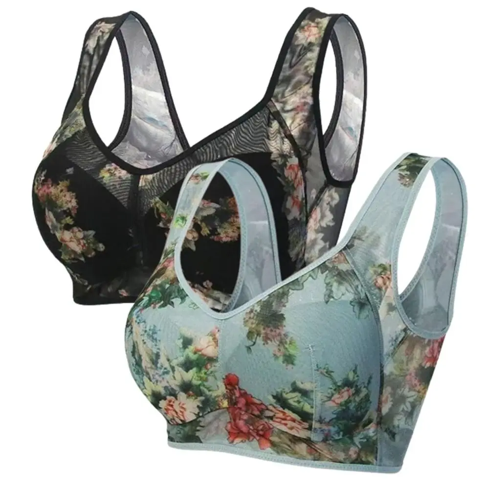 

Plus Size Lace Women's Underwear M-3XL Comfortable Summer Bra Wireless Widen Band Floral Printed Underwear Elderly