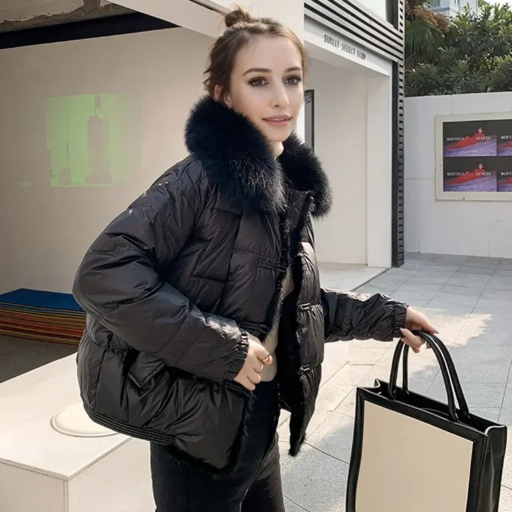 Short Warm Puffer Coat Female Vintage Real Fox Fur Jacket Loose White Duck Down Jacket Ladies Winter Women Parka Outerwear