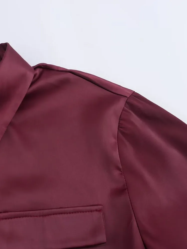 Burgundy satin shirt for women, loose commuting, fashionable, high-end, elegant, skin-whitening, long-sleeved shirt