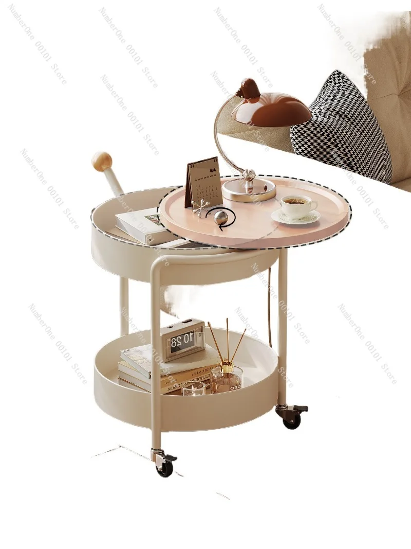 Elegant Cream Style Living Room Movable Sofa Side Table Small Round Tea Coffee Table Creative Rolling Trolley Storage Rack Home