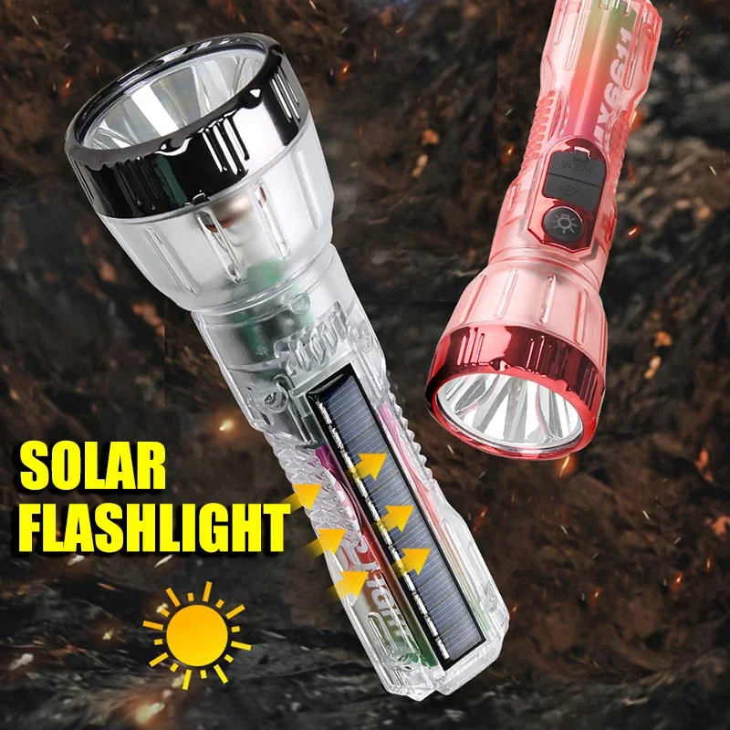 Portable Solar Flashlight Type-C And Solar Charging Super Bright Torch Outdoor Camping Waterproof Emergency Power Bank Lantern