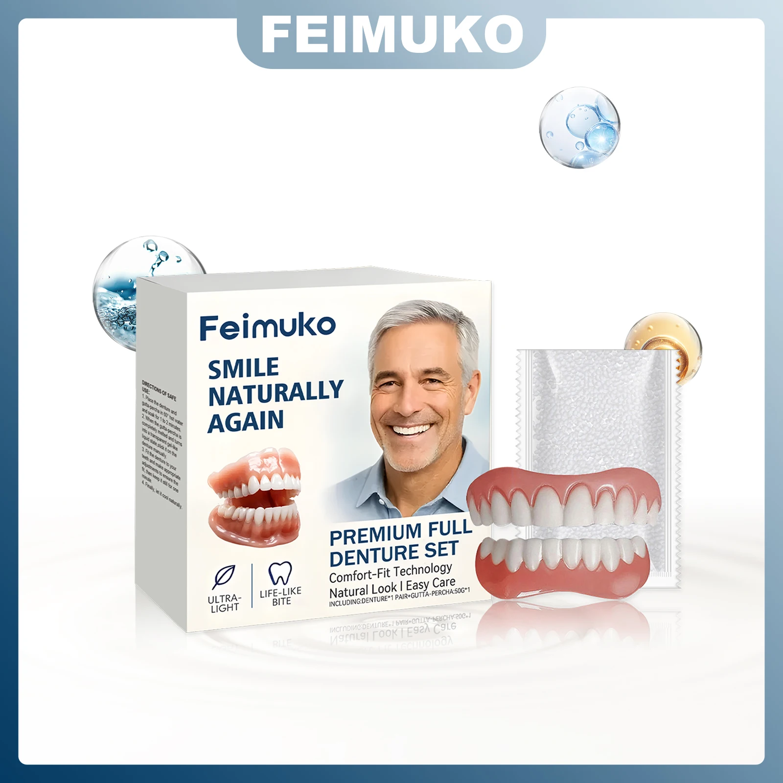 

Feimuko Premium Full Denture Set Revives Natural-Looking Smile Comfort-Fit Easy To Clean Safe Resin Material Keep Oral Hygiene