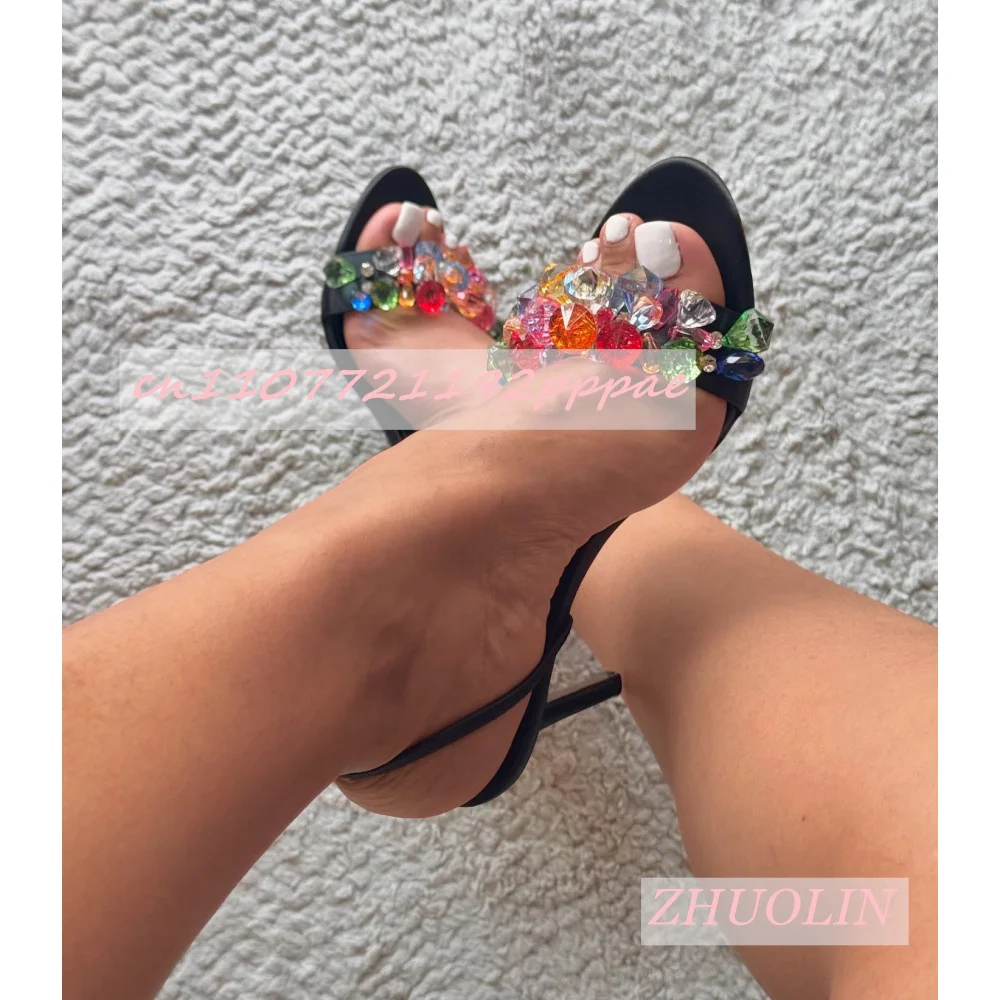 

Summer Colorful Crystal Sandals Round Toe Stilettos Slingback High Heels Fashionable Party Dress Modern Shoes Zapatos Mujer 46
