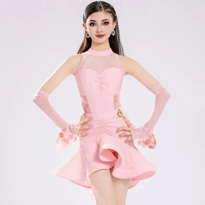 

Premium Kids Latin Performance Dress, Elegant Pink Mesh Panel Dancewear Comfortable Practice Outfit for Rumba Samba Girl