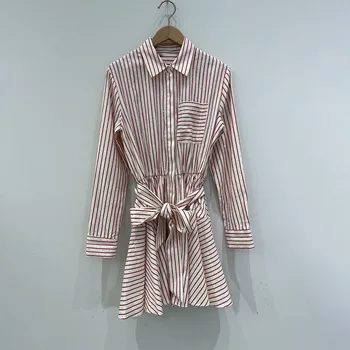 화이트 스트라이프 핫 다이아몬드 칼라 긴팔 셔츠 짧은 드레스, 세련되고 우아한 여성 원피스, y2k 가을 및 겨울, 2024  Best5