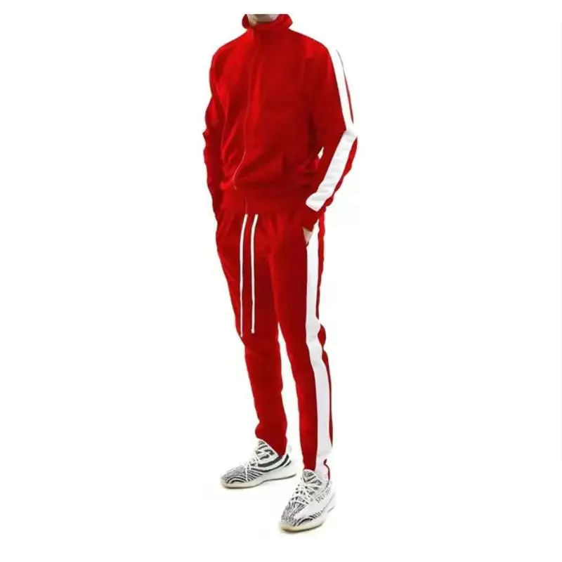 Spring And Autumn New Fashion Men\'s Clothing Casual Sports Stripes Matching Color Stand Collar Jacket Trousers Two-piece Set