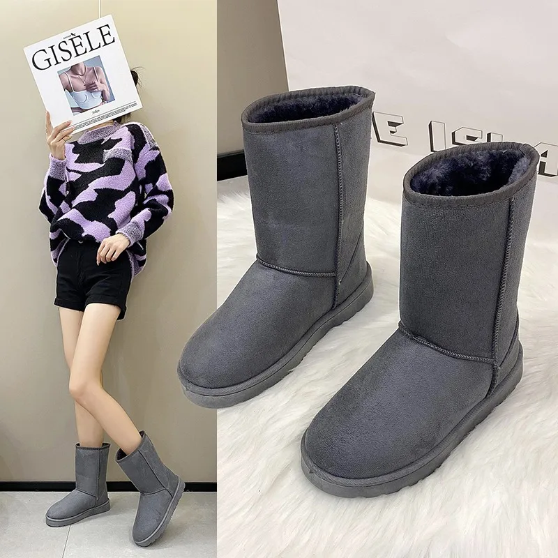 Botas femininas de quatro cores com fundo plano, salto médio e salto médio, manga redonda, antiderrapante e quente, camurça de inverno, botas de chaminé