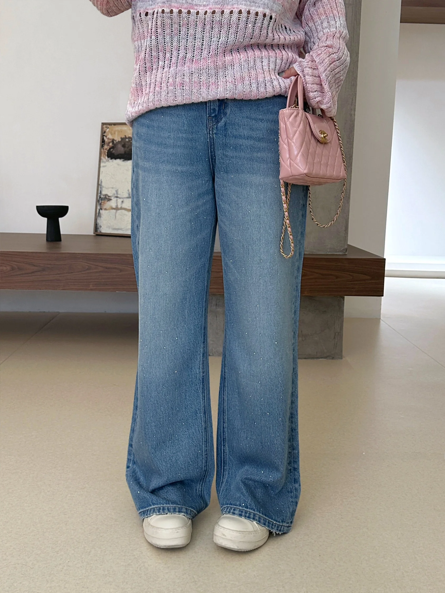 

Jojo Private Label Retro Washed Light Blue Texture Large Size Women's Jeans Sparkling Diamond Embellished Straight Leg