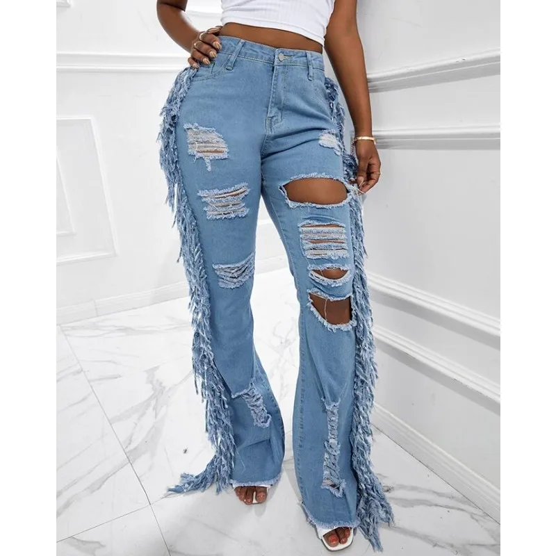 

Wepbel Y2K Sexy Pencil Jeans Women Summer Ripped Washed Denim Pants Tassel Summer Long Jeans Skinny Hole Pencil Denim Trousers