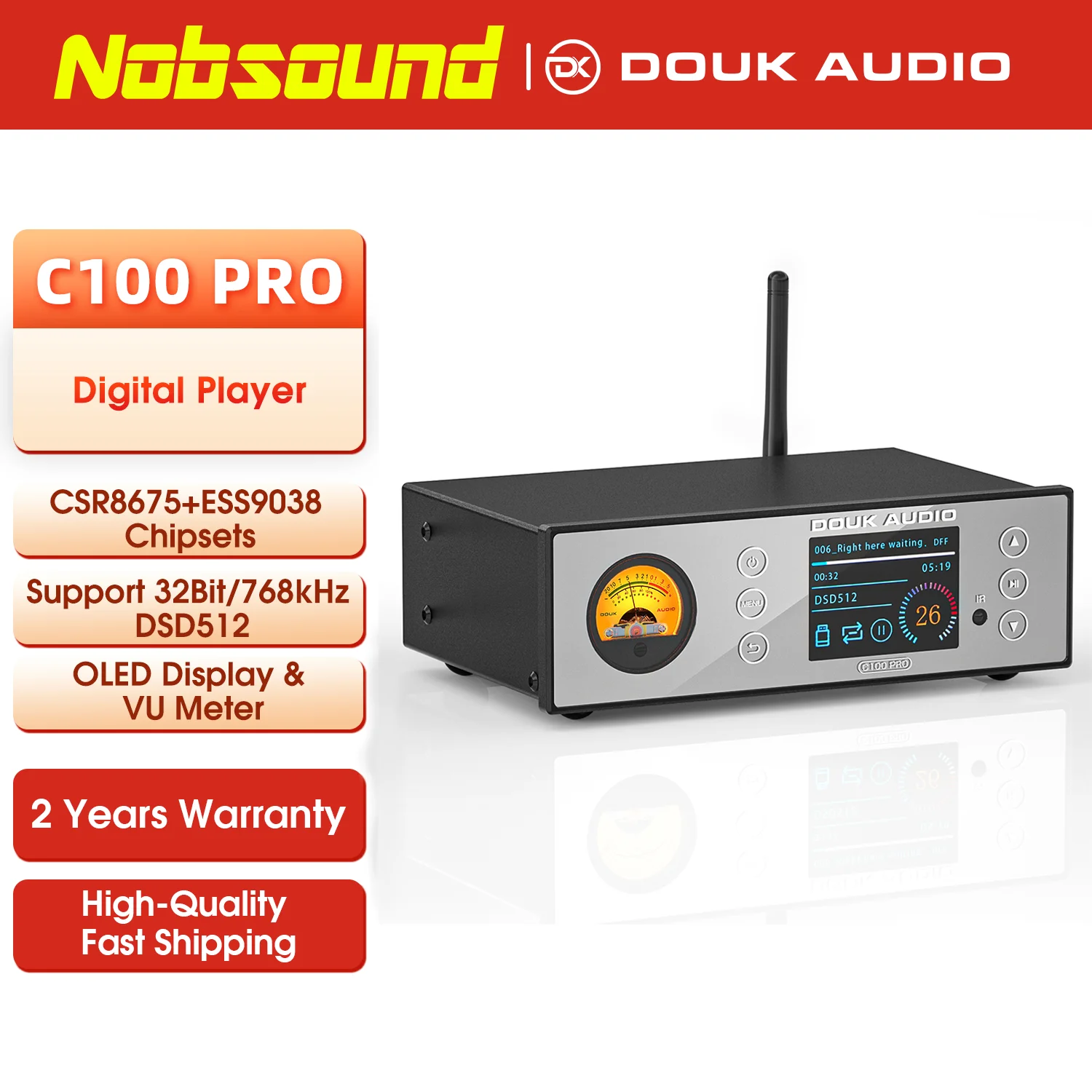 Nobsound C100 PRO HiF ESS9038 Bluetooth 5.0 Preamp USB Player Digital Music Streamer DSD512 768k/32b with OLED Display