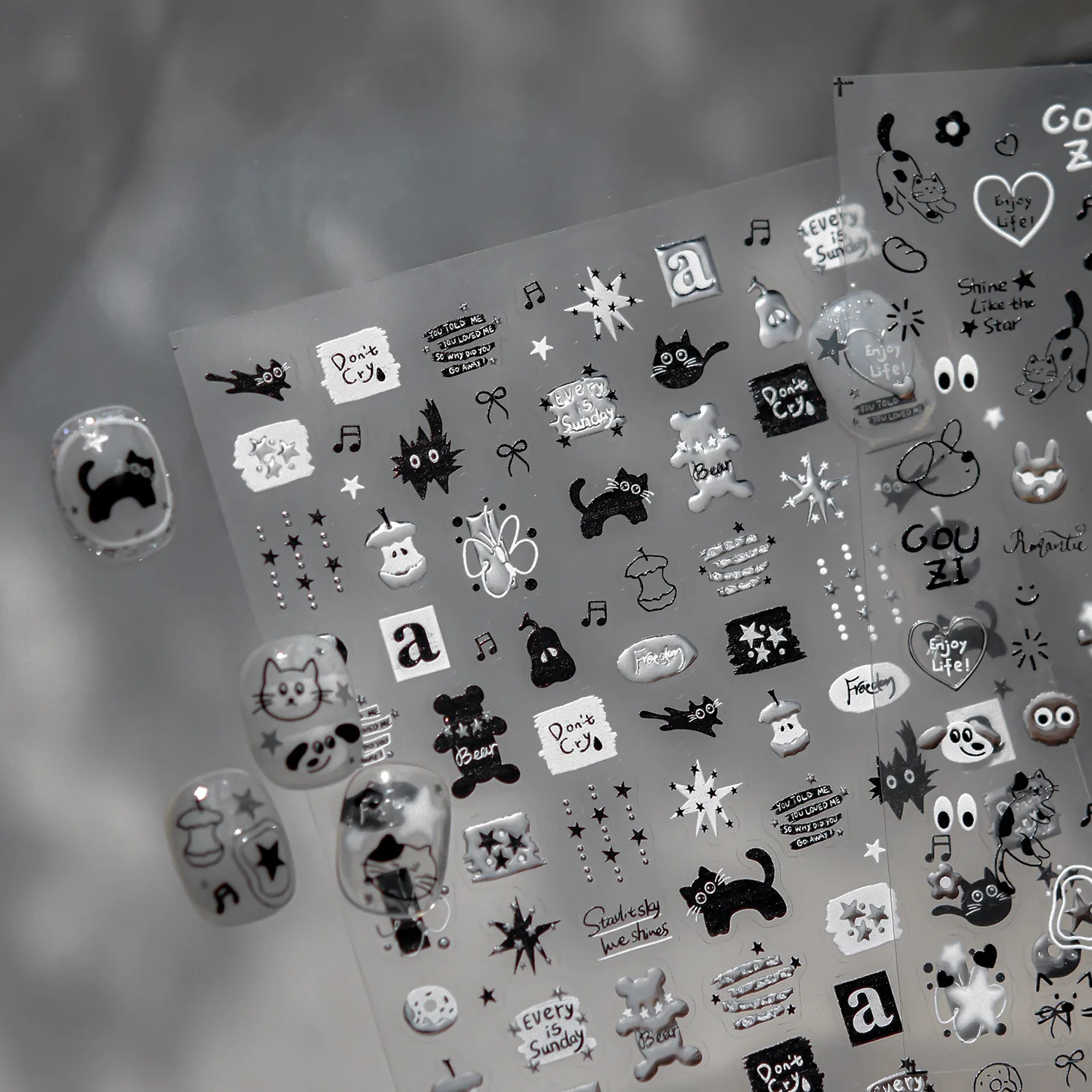 Anime Nail Stickers Metal 5D Nail Stickers With Cats Cute Graffiti Little Black Cat Stickers Nail Art Decoration Accessories DIY