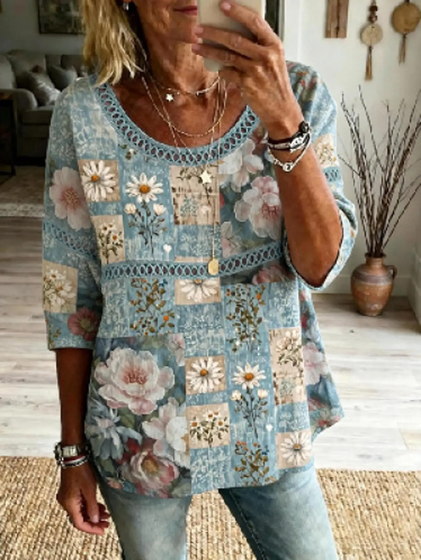 Women Plus Size Blouse 3D Floral Patchwork Print Loose Fit Long Sleeve Casual Boho Top