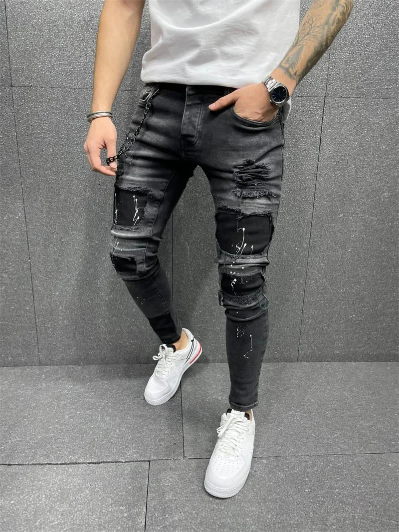 Vintage Patchwork Broken Holes Black Denim Pants Men Streetwear Hip Hop Trousers Skinny Stretch Jeans Four-season 2022 Menswear