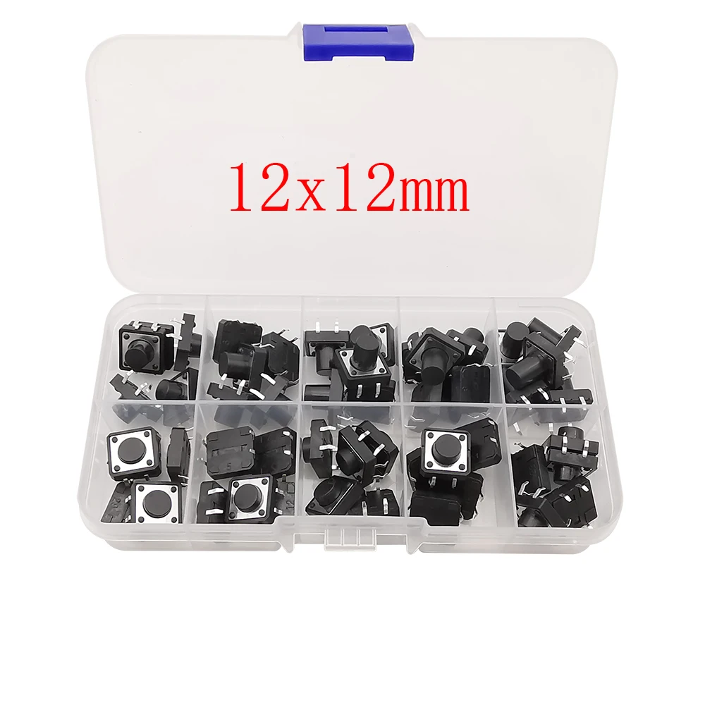 50Pcs 10Models 12*12 Tact Switch Tactile Push Button Switch Kit 12x12x4.3/5/6/6.5/7/8/9/10/11/12mm DIP 4Pin Momentary Key Switch