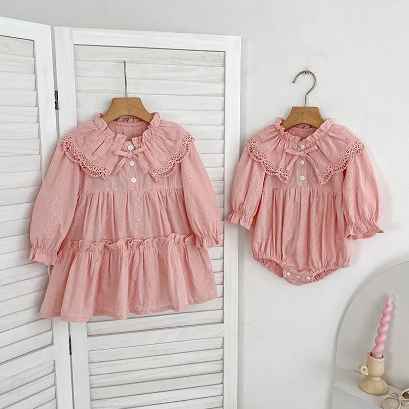 2026 New Spring Sister Dress 2-6Yrs Girl Party Dress Kids Princess Dresses Long Sleeved Cotton Embroidery Baby Girl Romper