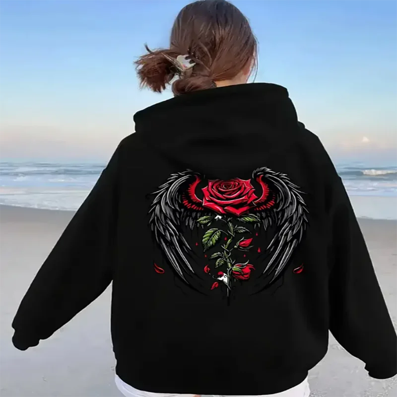 

Womens Casual Rose Wing Print Hoodie Polyester Knit Pullover Sweatshirt With Kangaroo Pocket For Adults Winter And Autumn Season