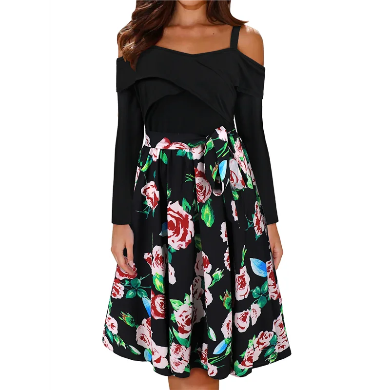 ABP-Women's Spring And Autumn Slim Fit Long Sleeve Off-The-Shoulder Floral A-Line Dress