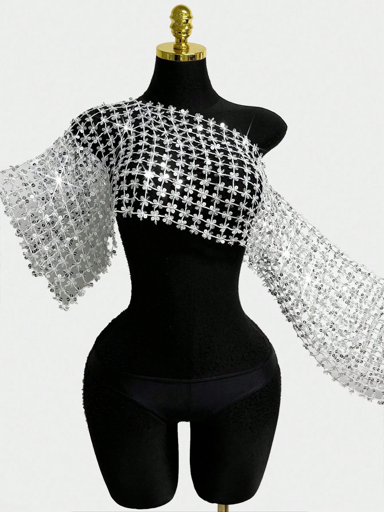 Women Diagonal Collar Long Sleeve T Short Sexy Hollow See Through Sequins Decoration Crop Top Summer Beach Party Cover Up Tops