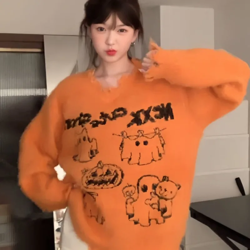 Y2k New Halloween Oversized Sweater Gothic Cute Ghost Streetwear Woman Loose Winter Vintage Knit Long Sleeve Knitwear Tops 2023