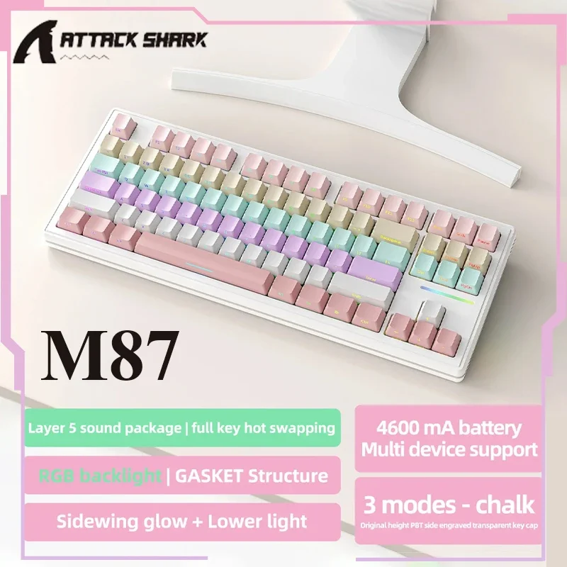 Attack Shark M87 Tri-mode 2.4G Wireless Bluetooth 87key Mechanical Keyboard Multiple Colors RGB Backlit Hot Swap Gaming Keyboard