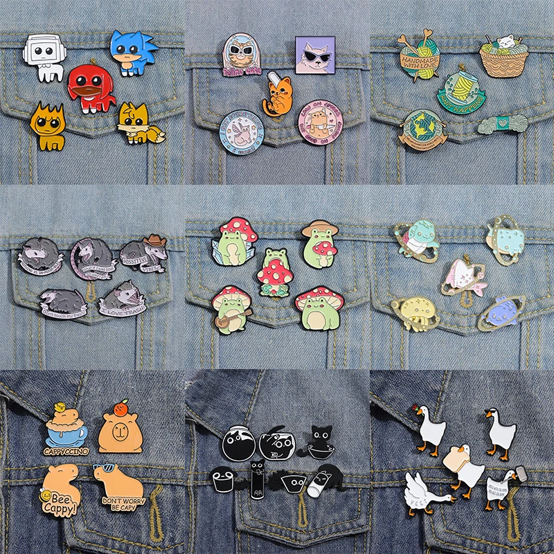 4-7pcs/set Animal Enamel Pins Custom Cat Frog Goose Capybara Mouse Brooches Lapel Badges Animal Jewelry Gift for Kids Friends