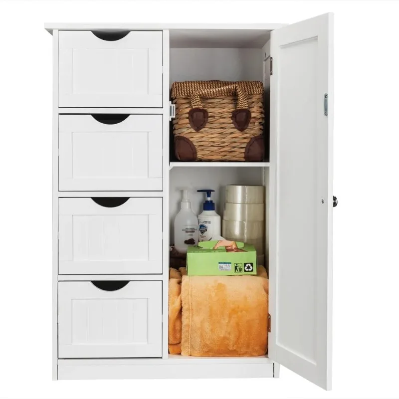 Ktaxon Wooden Bathroom Floor Cabinet, Side Storage Organizer with 4 Drawers, 1 Cupboard & 2-Shelves MDF, White