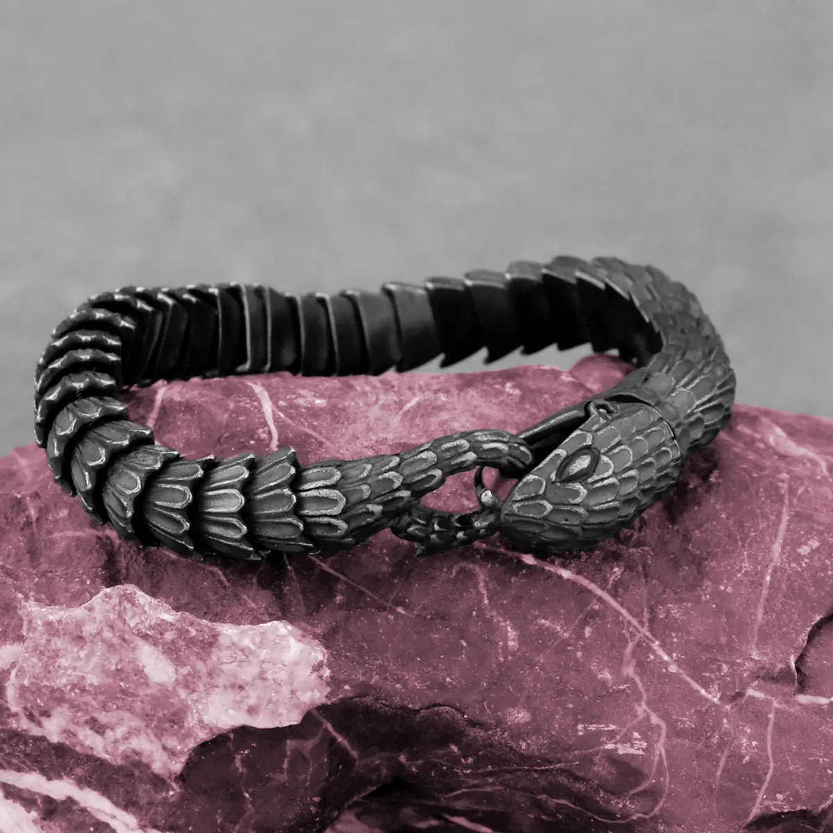 Stainless Steel Black Gun Plated Snake Chain Bracelet Men's Punk Ouroboros Scales Viking Biker Gothic Wristband Jewelry