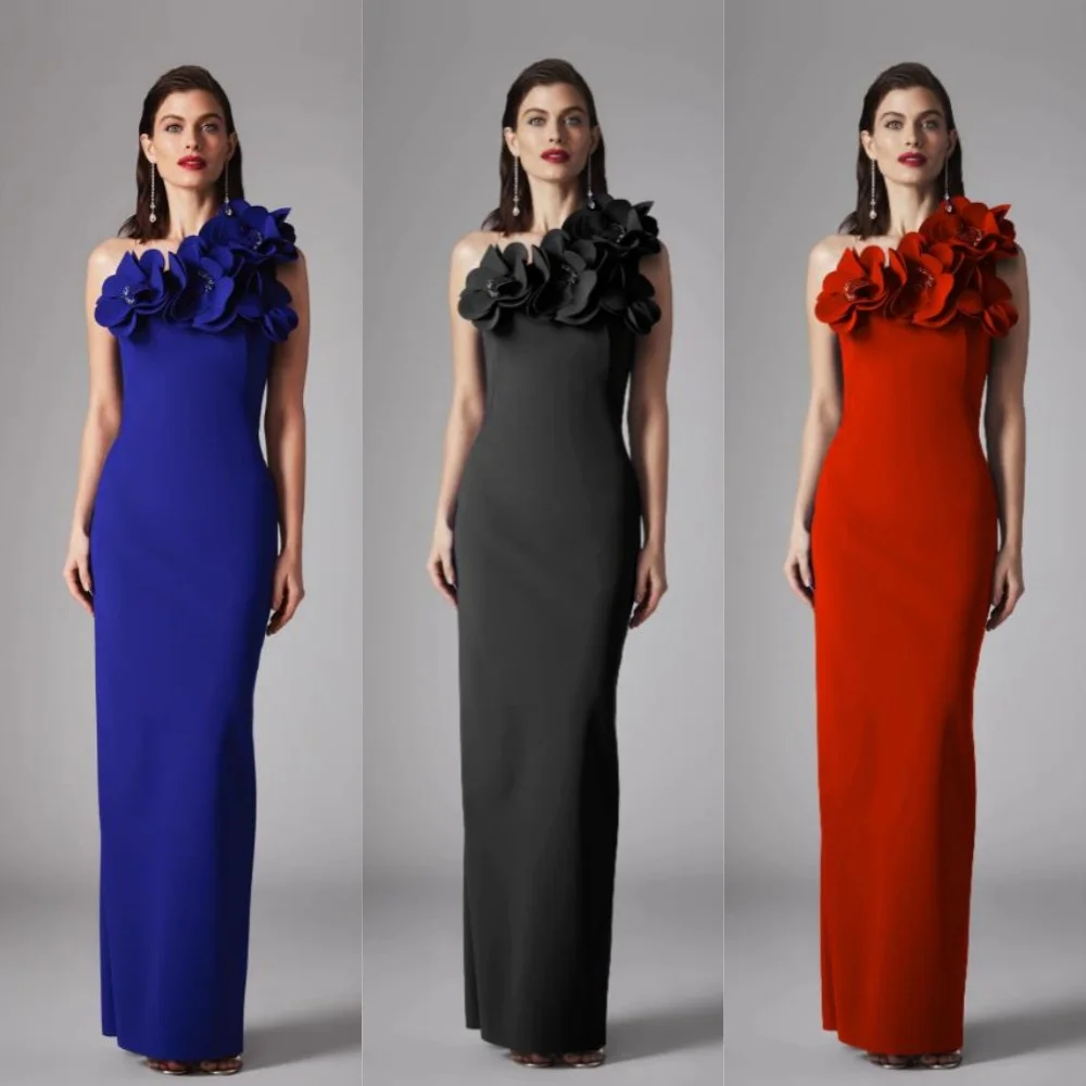 

Jersey Flower Pleat Graduation Sheath One-shoulder Bespoke Occasion Gown Midi Dresses Saudi Arabia Evening