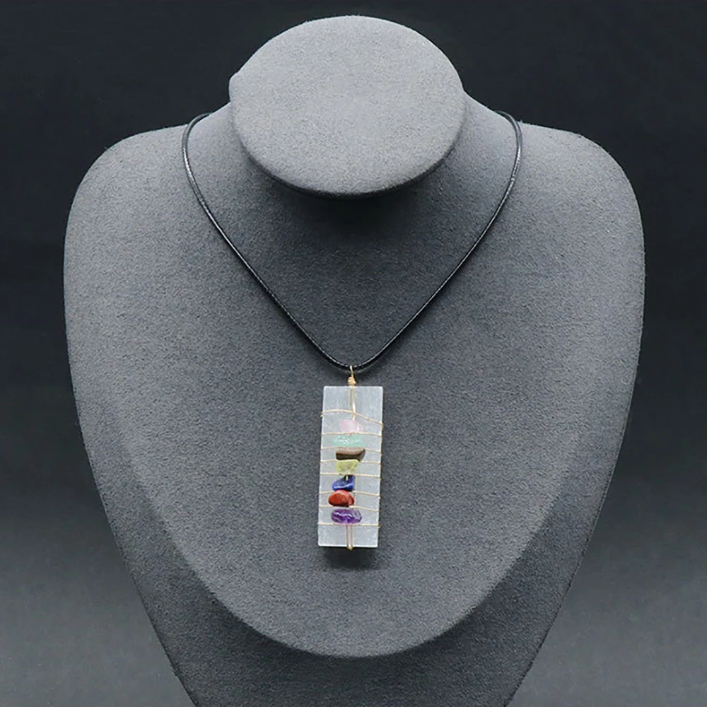 الطبيعية الخام Selenite شفرة مع 7 شقرا رقاقة الأحجار قلادة سلك ملفوفة قلادة شفاء بلورات عينة معلقة زخرفة #4