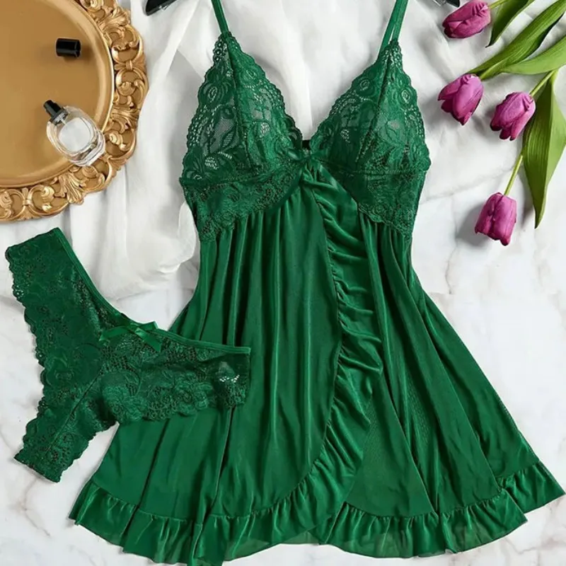 Летние мягкие прозрачные ночные пижамы, ночные рубашки, темно-зеленое платье с лямкой на шее, женская одежда для сна, сексуальная ночная рубашка, комплекты стрингов