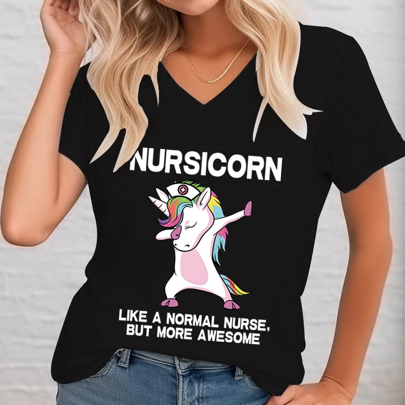 Damska koszulka Jednorożec Pielęgniarka Zabawny Dabbing Nursicorn RN Print Tops Tee V-neck T-shirt Damska letnia koszulka Graficzna koszulka Damska