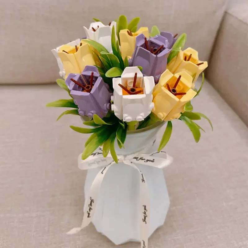 Building Block Flower Bouquet Perpetual Tulip  3D Model Home Decoration Plant Potted Assembly Bricks Valentine Kid Child Gifts