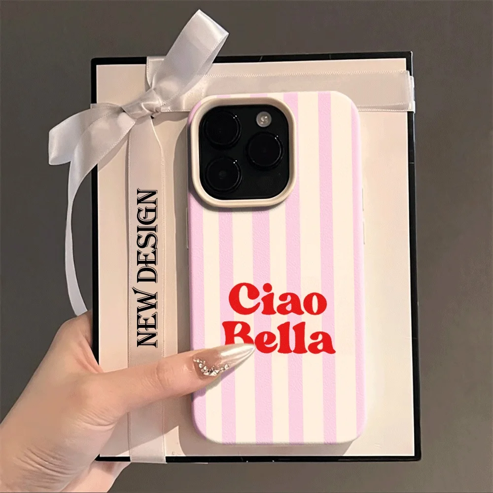 Ins Style Ciao Bella Rosa Gestreifte Handyhülle für iPhone 17 16 15 14 13 12 11 Pro Max Plus X XR Silikon Matt Stoßfeste Hülle – Detail 1