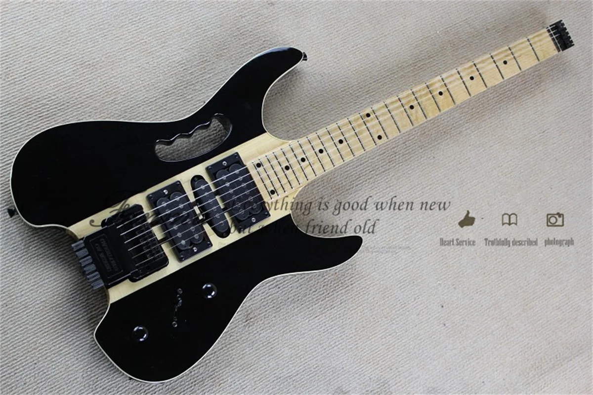 

Headless electric guitar Black guitar 5 pieces of maple wood through the basswood body Fixed bridge maple fingerboard 24 fret