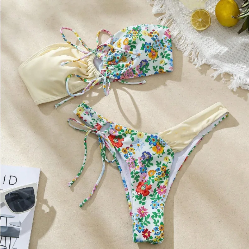 Bikini Bandeau con estampado Floral para mujer, traje de baño Sexy de dos piezas con Tanga, conjunto de Bikini con lazo, 2024