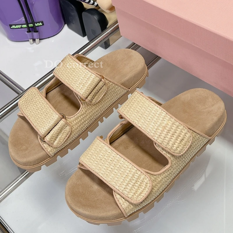 

High Quality 2024 Summer New Women's Shoes Sheepskin Grass Woven Braid Sandals Genuine Leather Thick Soled Beach Slippers