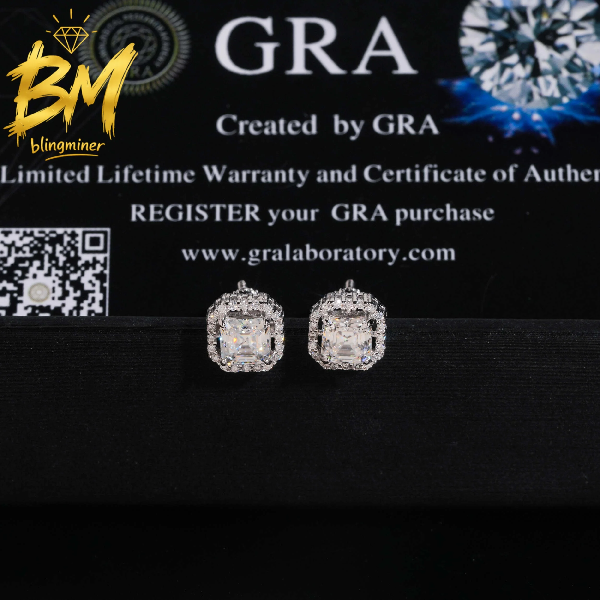 Blingminer 8mm Asscher Cut VVS Moissanite Earrings For Men Women S925 Silver Ear Studs Jewelry Pass Diamonds Tester Free Shippin